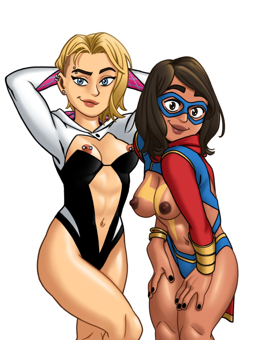 ass bangle bare_breasts belly_button blonde_hair blue_eyes brown_eyes brown_hair dark-skinned_female dark_nipples ear_piercing gwen_stacy hoodie kamala_khan light-skinned_female long_hair marvel marvel_comics modified_costume ms._marvel muslim nipple_piercing older older_female puffy_areolae puffy_nipples sexy_clothes shaved_side short_hair spider-gwen superheroine young_adult young_adult_female young_adult_woman