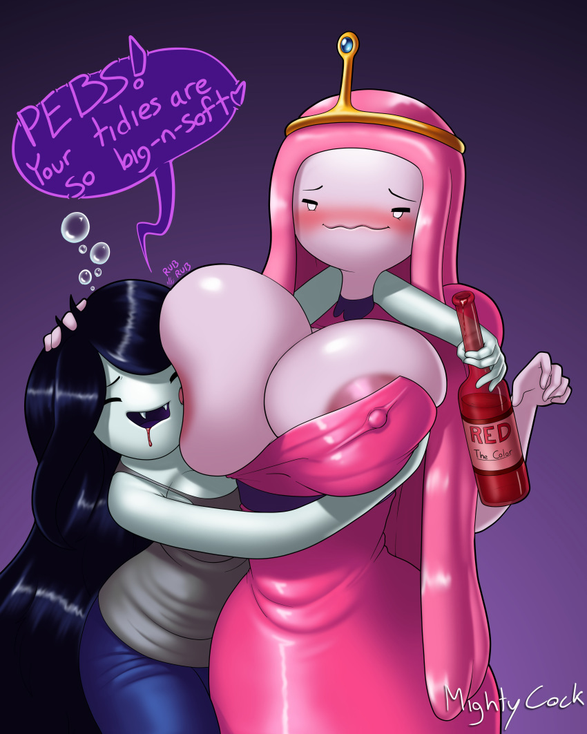 2_girls 2girls adventure_time areola_slip areolae bottle breast_press bubble clothed clothing dialogue dress drunk english_text fangs female female_only gigantic_ass gigantic_breasts gradient_background hand_on_head holding_object hourglass_figure hug looking_pleasured marceline mightycock naughty_face nipples onomatopoeia open_mouth pants pink_body pink_dress princess_bubblegum shirt simple_background simple_eyes smile speech_bubble text wavy_mouth white_eyes yuri