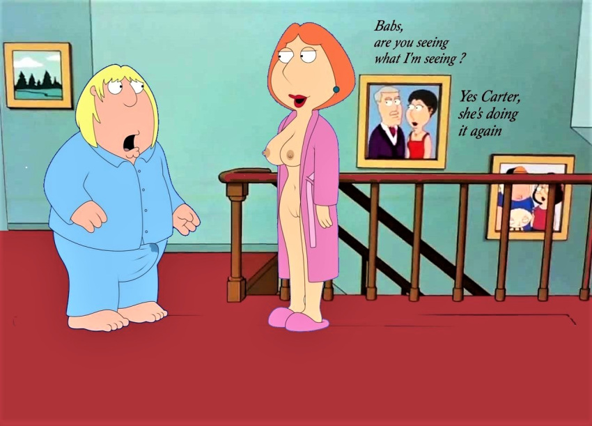 1boy 1girl areolae bathrobe black_eyes blonde_hair breasts bulge chris_griffin clothed clothing earrings english_text erect_nipples erection_under_clothes family_guy ginger_hair half-closed_eyes lois_griffin mother_and_son nipples open_mouth pussy shaved_pussy simple_background smile surprised surprised_expression tagme teen text thighs