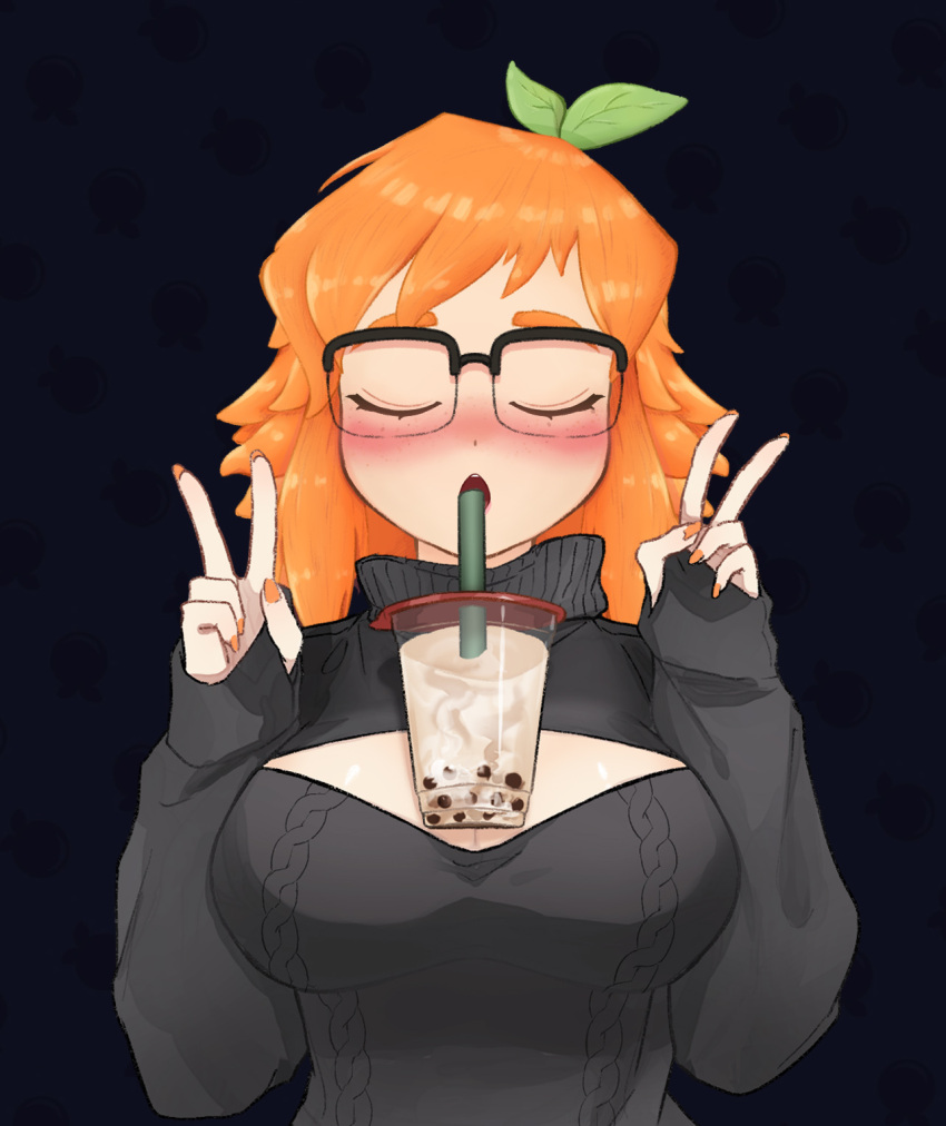 1girl beverage big_breasts black_background black_sweater breasts breasts_bigger_than_head breasts_frottage bubble_tea bubble_tea_challenge closed_eyes double_v drinking female_focus female_only fingernails glasses happy huge_breasts leaf leaf_on_head light-skinned_female light_skin lirinvt magical_girl nail_polish orange_eyebrows orange_eyes orange_hair orange_head orange_lirin orange_nails simple_background single_braid solo_female square_glasses sweater twitch twitter v virtual_youtuber wizard youtube youtube_hispanic youtuber