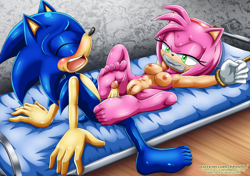 amy_rose archie_comics bbmbbf blush footjob full_body hands_tied mobius_unleashed palcomix pietro's_secret_club sega sonic_(series) sonic_the_hedgehog sonic_the_hedgehog_(series) tape