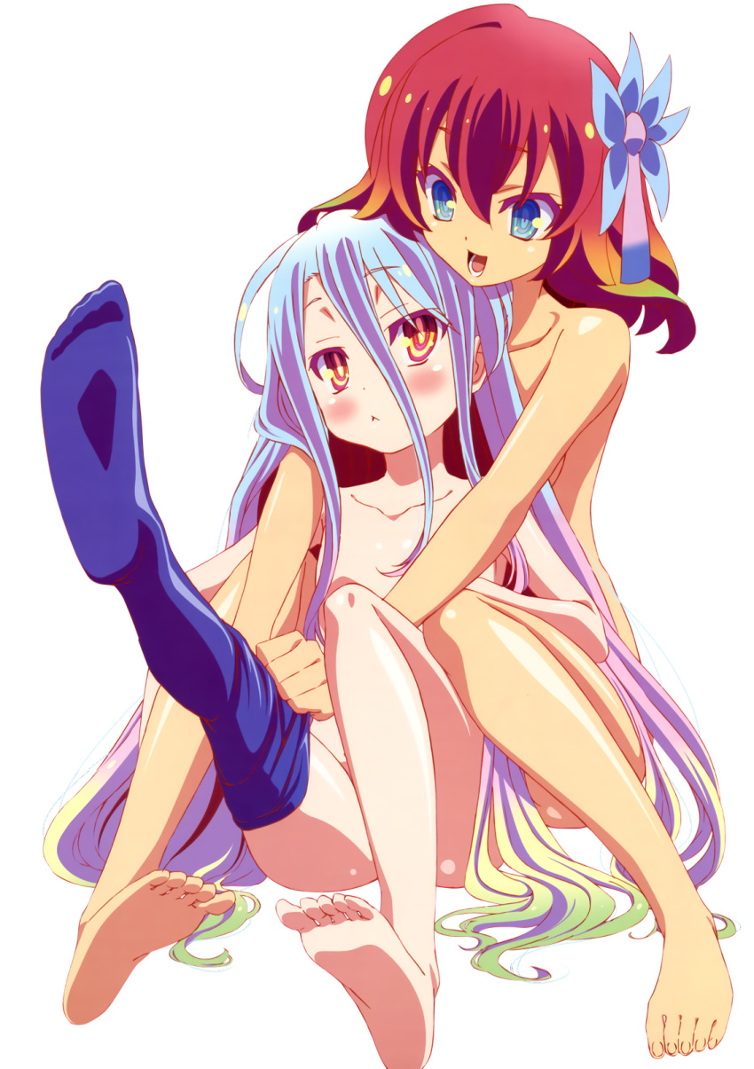 2girls bare_arms bare_ass bare_legs bare_shoulders bare_thighs barefoot blue_eyes blue_hair blue_socks blush flower_hair_ornament legs_up long_hair looking_at_another multicolored_hair no_game_no_life nude nude_female open_mouth orange_eyes shiny shiny_hair shiny_skin shiro shiro_(no_game_no_life) sitting stephanie_dora tagme teeth tongue white_background