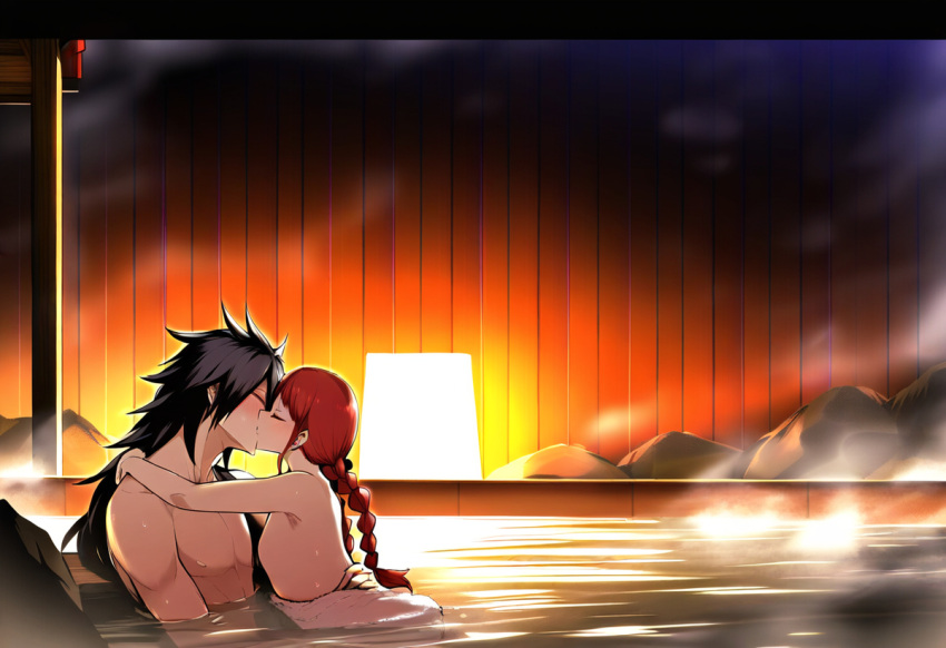 1boy 1girl black_hair couple fairy_tail irene_belserion kissing madara_uchiha nude nude_female nude_male red_hair