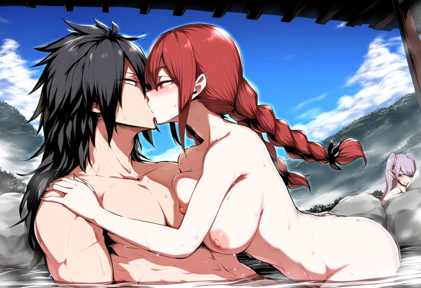 1boy 2_girls black_hair breasts couple fairy_tail irene_belserion kissing madara_uchiha nipples nude nude_female nude_male red_hair