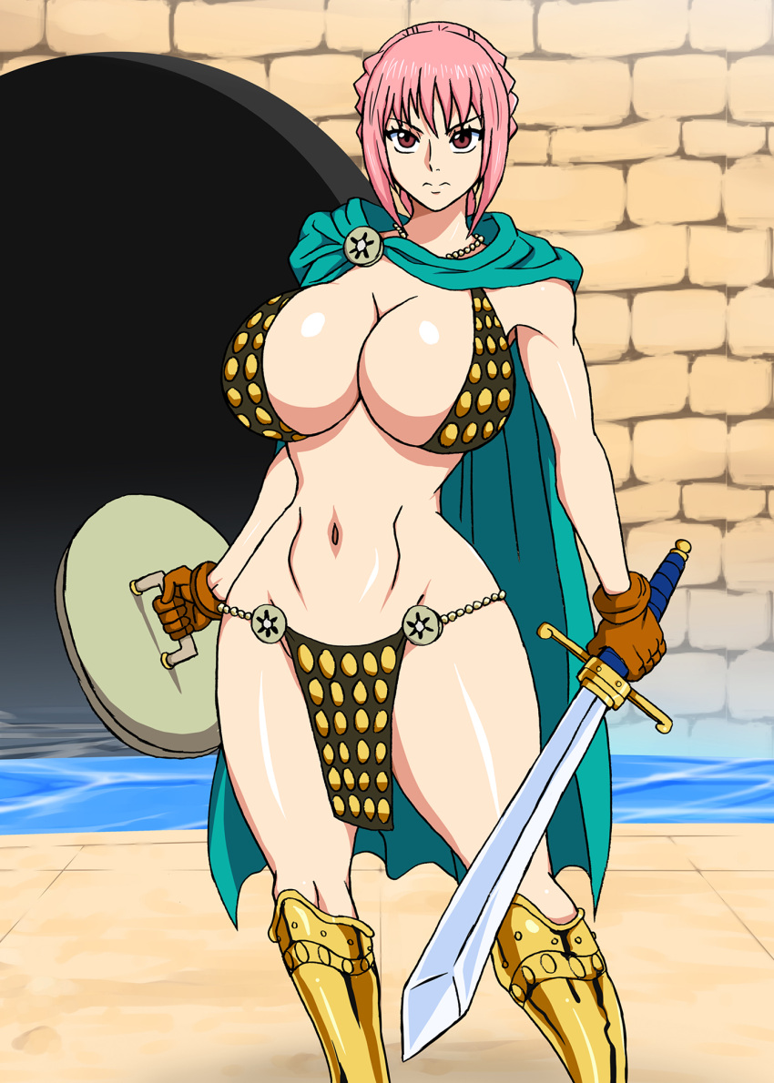 1girl alluring big_breasts bikini_armor blue_eyes blush breasts curves female_focus female_only gloves gold_(metal) gold_heels naruho one_piece pink_hair rebecca_(one_piece) shounen_jump slutty_outfit wide_hips
