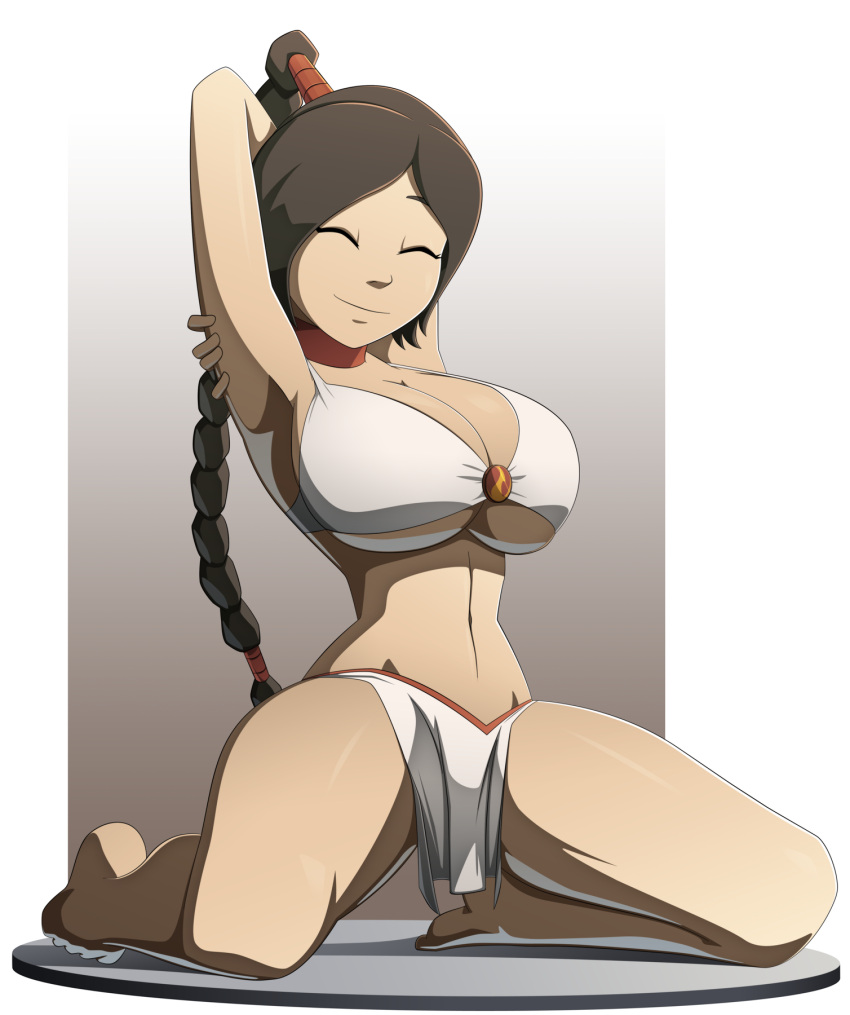 1girl alternate_breast_size armpit arms_behind_head avatar:_the_last_airbender barefoot big_breasts bikini braid breasts brown_hair cleavage closed_eyes female_focus female_only happy hourglass_figure huge_breasts kneel long_hair midriff older older_female pink_choker pinup ravenravenraven smile solo_female solo_focus stretching swimsuit tagme teen thick_thighs thin_waist ty_lee under_boob white_swimsuit young_adult