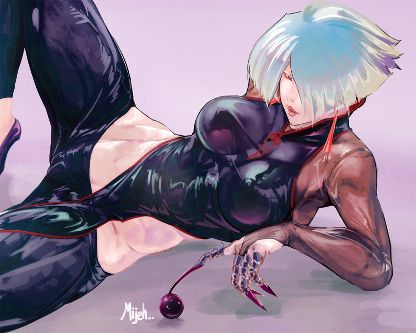 1girl a.k.i._(street_fighter) ball big_breasts black_bodysuit bodysuit breasts cameltoe curvy fake_nails feet_out_of_frame fingernails grey_hair high_res latex leotard lips looking_at_viewer mijeh muscular muscular_female on_floor one_eye_covered see-through see-through_leotard sharp_fingernails spread_legs street_fighter white_hair