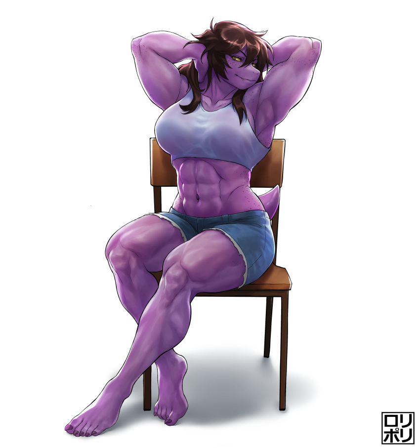 1_girl 1girl 2020s 2023 2d 2d_(artwork) 5_toes abs absurd_res anthro anthro_only armpits arms_up artist_logo ass badass barefoot belly_button biceps big_ass big_breasts black_eyes blue_pants bottomwear breasts brown_hair calves chair clothed clothed_female clothes clothing crop_top curvaceous curvy deltarune denim denim_shorts digital_media_(artwork) eyelashes fang fangs feet female_only freckles freckles_on_breasts freckles_on_face freckles_on_shoulders freckles_on_thighs front_view full_body fully_clothed grin hair hands_behind_head hands_in_hair high_res jamrolypoly large_ass legs_together lizard lizard_girl long_hair looking_at_viewer midriff monster monster_girl muscular muscular_anthro muscular_arms muscular_female muscular_legs muscular_thighs navel non-mammal_breasts non-mammal_navel pants pinup pose posing purple_body purple_skin reptile reptile_girl reptile_tail scalie sharp_toenails short_tail shorts signature simple_background sitting sitting_on_chair slit_pupils smile smiling_at_viewer solo_anthro solo_female stomach susie_(deltarune) susie_(light_world_form) tail tank_top thick_thighs thighs toenails toes topwear undertale_(series) video_game_character video_games voluptuous white_background wide_hips yellow_sclera