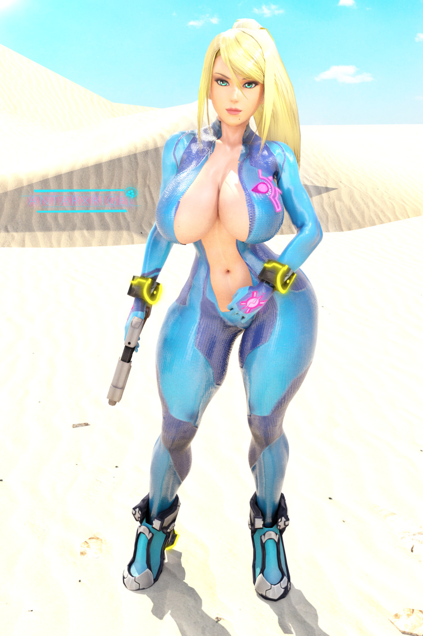 1girl 3d alternate_ass_size alternate_breast_size antarxrigel big_breasts big_breasts bimbo blonde_female blonde_hair blue_eyes breasts cleavage desert female_only heeled_shoes looking_at_viewer metroid nintendo samus_aran seductive sexy sexy_body sexy_breasts skin_tight thick_thighs wide_hips zero_suit_samus