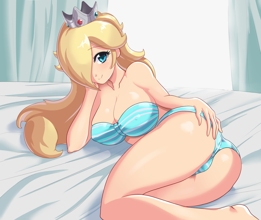 1girl alluring alternate_costume aqua_bra aqua_panties ass ass_focus bare_arms bare_legs bare_shoulders bed big_ass blonde_hair blue_eyes blush bra breasts bubble_ass bubble_butt butt_focus cleavage closed_mouth cogbrony collarbone crown curtains dat_ass day erect_nipples eyebrows_visible_through_hair female_only hair_over_one_eye hand_on_own_ass hand_on_own_face human human_only jewelry legs lingerie long_hair looking_at_viewer lying mario_(series) neck nintendo on_bed on_side panties presenting presenting_hindquarters princess_rosalina rosalina shiny_hair shiny_skin smile strapless strapless_bra striped striped_bra striped_panties super_mario_bros. thick_ass
