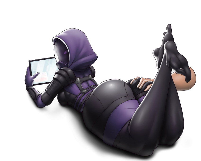 1girl 2021 ass ass_grab bodysuit breasts clothed_female delicioussoup female_focus female_only helmet high_res hood laying_on_stomach looking_back mask mass_effect mature mature_female quarian skintight_bodysuit solo_female solo_focus tagme tali'zorah_nar_rayya thick_ass thick_thighs thighs video_game_character video_game_franchise