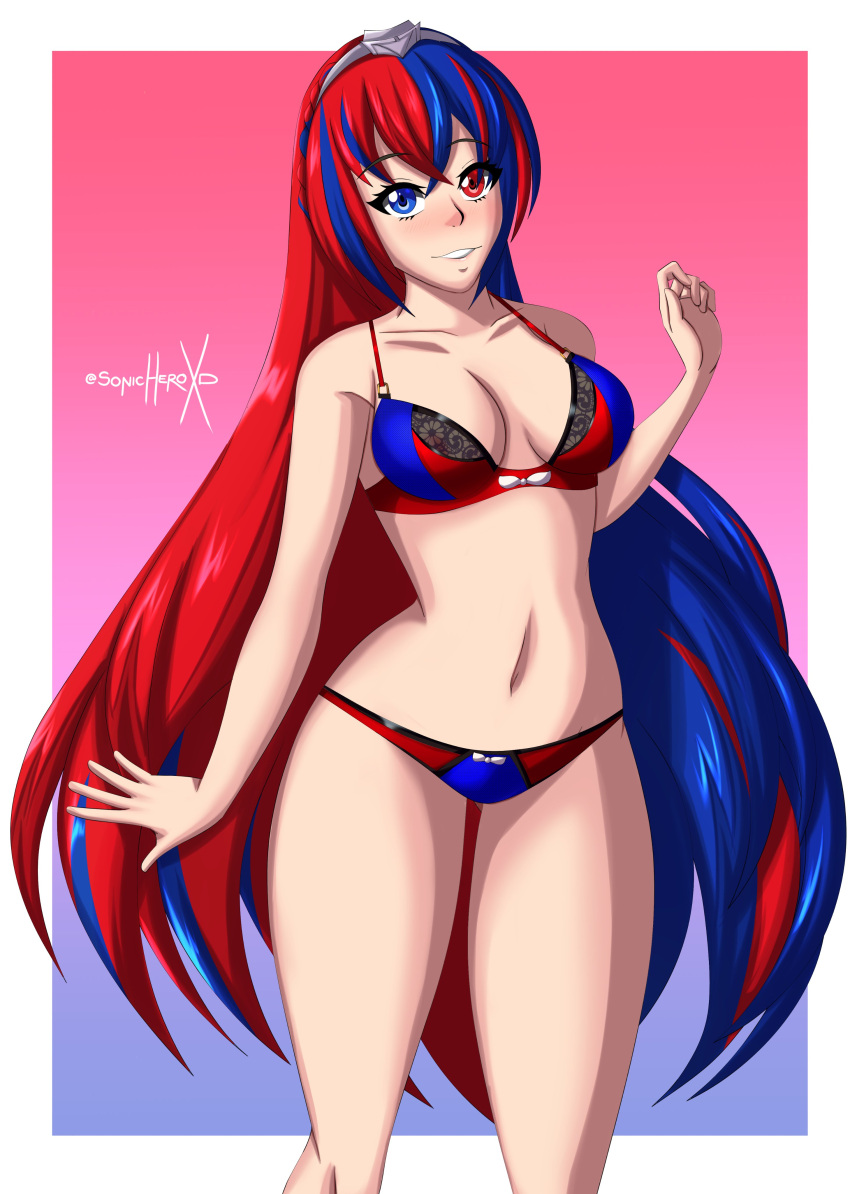 1girl alear_(female)_(fire_emblem) alear_(fire_emblem) alluring bikini breasts cleavage female_only fire_emblem fire_emblem_engage heterochromia looking_at_viewer red_and_blue_eyes red_and_blue_hair sonicheroxd