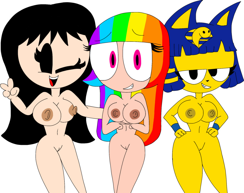 3_girls ankha ankha_(animal_crossing) breasts breasts cute jessica_(boominalex) looking_at_viewer nipples pussy rainbow_kitty101 shy thicc thick_thighs