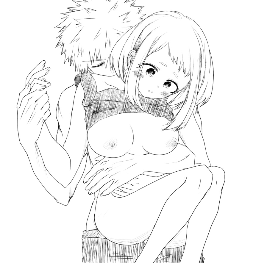 rnmy_hero_academia bakugou_katsuki biting_neck blush boku_no_hero_academia breasts couple kacchako lifting_shirt romantic uraraka_ochako