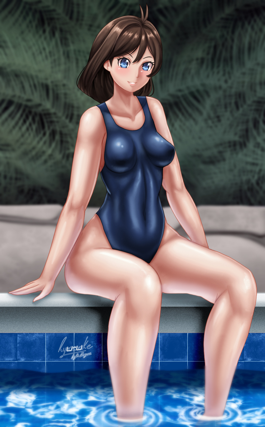 ace_attorney ahoge alternate_outfit blue_eyes brown_hair poolside ryusuke_kyte_hagane school_swimsuit swimsuit trucy_wright