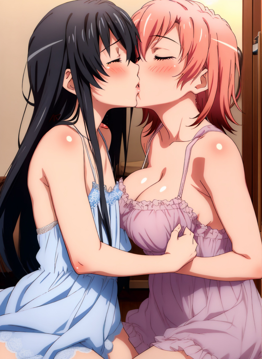 2_girls alluring black_hair cookiefudge kissing nightgown pink_hair yahari_ore_no_seishun_lovecome_wa_machigatteiru. yuigahama_yui yukinoshita_yukino yuri