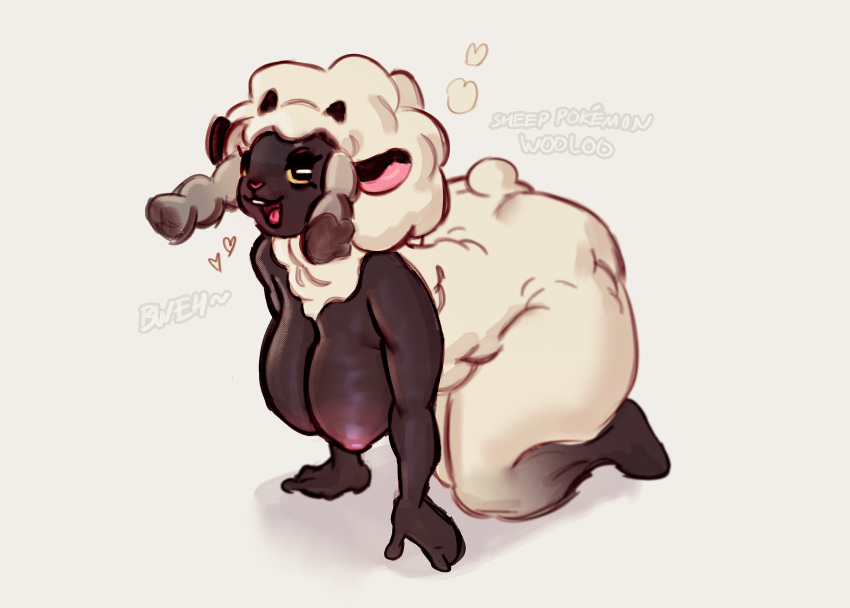 &lt;3 1girl 1girl 2019 all_fours anthro anthrofied big_breasts bovid breasts caprine fur high_res horizontal_pupils humanoid_hands mammal nintendo open_mouth pok&eacute;mon pok&eacute;mon_(species) pok&eacute;morph pupils queervanire simple_background text video_games white_background wool_(fur) wooloo