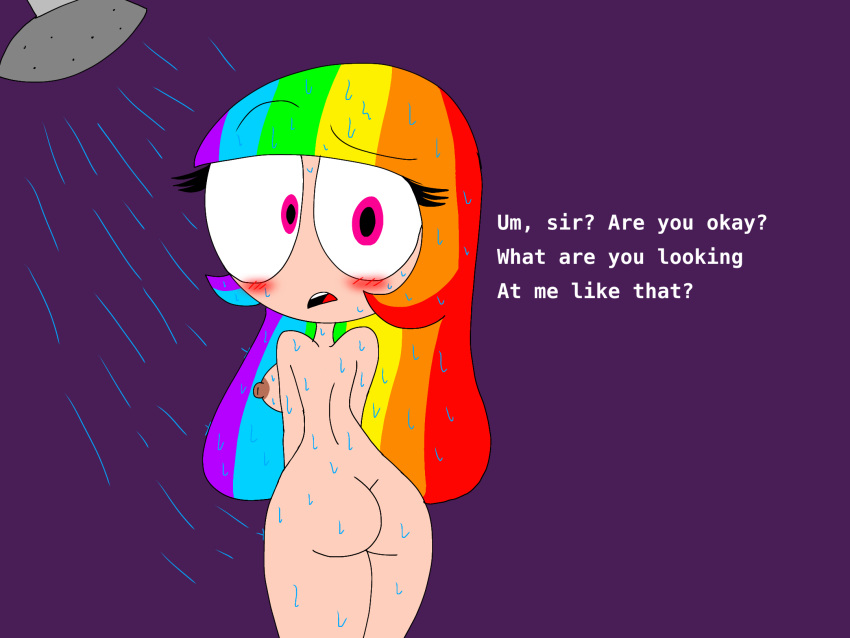 ass backboob blush confused_look dialogue nervous nude rainbow_hair rainbow_kitty101 shower wet_skin