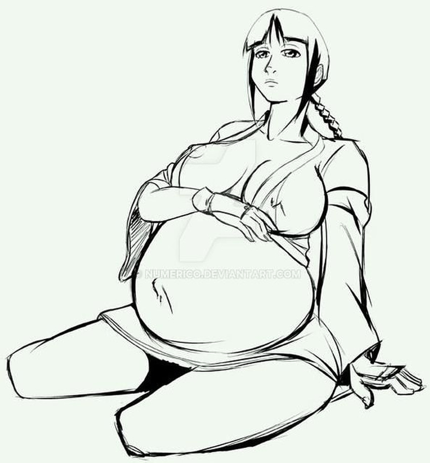 black_and_white bleach breast_expansion large_breasts looking_away monochrome nemu_kurotsuchi numerico open_shirt photoshop pregnant pregnant_belly pregnant_female sexy single_braid sitting