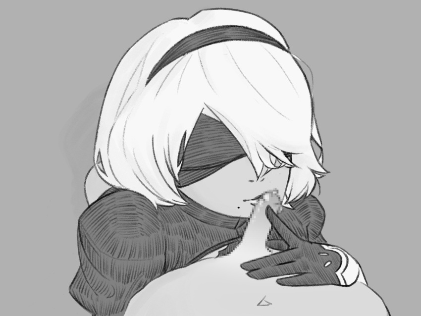 1boy 1girl black_and_white blindfold clothed_female_nude_male dotdotnsfw fellatio gloves kissing_penis nier:_automata pov small_penis small_penis_adoration touching_penis unseen_male_face white_hair yorha_2b yorha_no._2_type_b