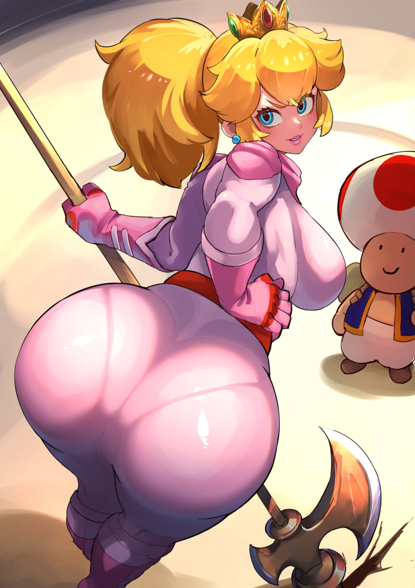 1girl 1girl ass ass_focus big_ass big_breasts blonde_hair breasts clothed clothed_female clothing crown female_focus high_res long_hair male/female mario_(series) mature mature_female nintendo nuezou pantylines pink_lipstick ponytail princess_peach solo_female super_mario_bros._(2023_film) tagme tight_clothing toad_(mario) video_game_character video_game_franchise