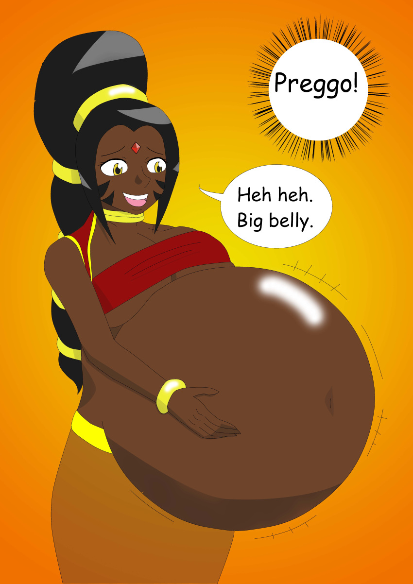 belly_expansion black_hair breast_expansion brown_skin cat_ears cat_girl catgirl facial_mark genie hand_on_belly long_hair milf original_character oxdaman ponytail pregnant pregnant_belly pregnant_female sexy smile tygra yellow_eyes