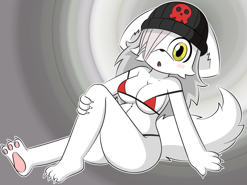 1girl 1girl 1girl 3_toes 4:3 :o absurd_res anthro beanie bikini bikini_top blush bra breasts canid canine canis claws clothed clothes clothing dreameclipsewolf female_only full_body furry grey_hair hair headgear headwear high_res looking_at_viewer mammal open_mouth panties pawpads skull suzi_(dreameclipsewolf) tail underwear white_fur wolf yellow_eyes