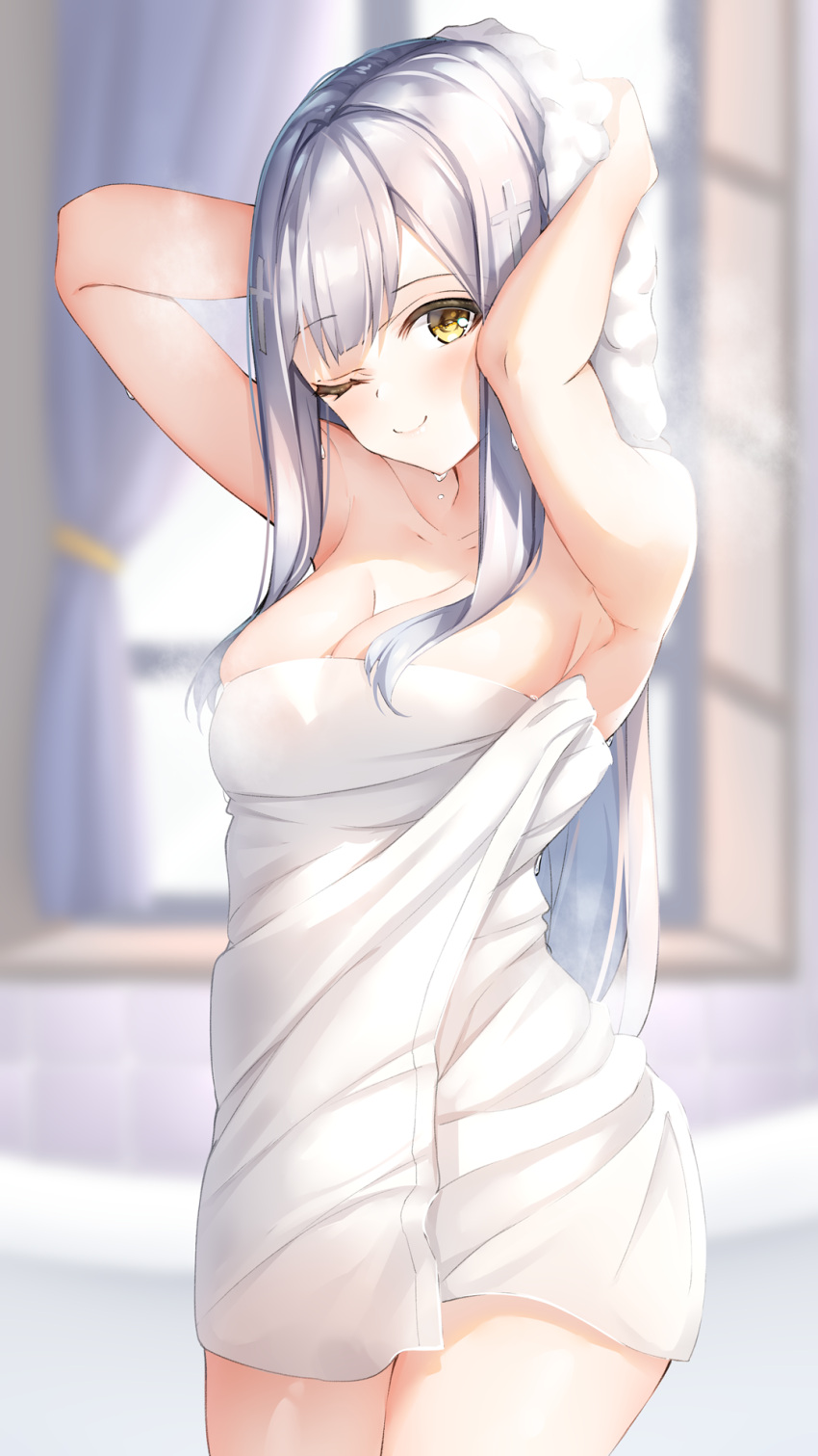 1girl 1girl ;) armpits arms_up bare_arms bare_shoulders big_breasts blurry blurry_background blush breasts cleavage collarbone commentary_request cross cross_hair_ornament curtains depth_of_field drying drying_hair gabriel_dropout grey_hair hair_ornament head_tilt high_res indoors latin_cross long_hair naked_towel one_eye_closed painttool_sai_(medium) raphiel_shiraha_ainsworth shiero. smile standing towel very_long_hair window yellow_eyes