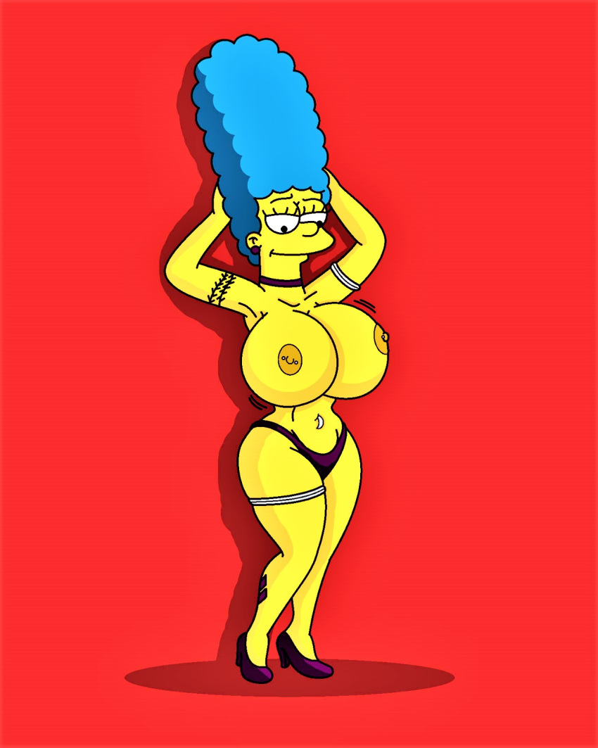 erect_nipples marge_simpson massive_breasts nipple_piercing panties the_simpsons thick_thighs
