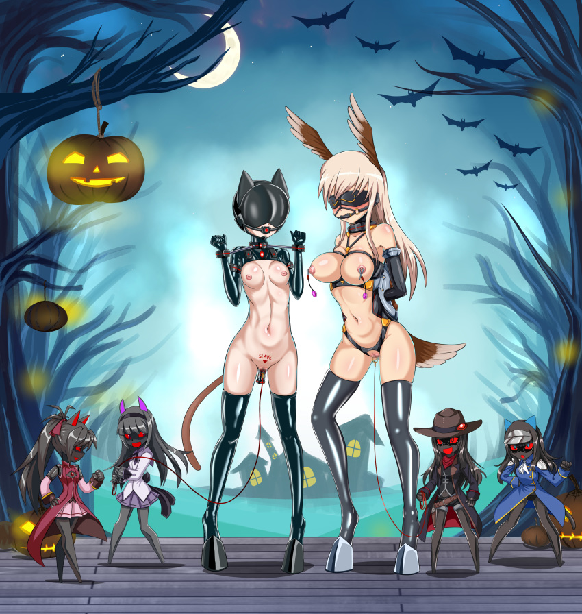 1girl 6+girls akemi_homura_(cosplay) bdsm big_breasts bird_tail black_legwear blindfold blonde blush bondage breasts cat_tail cyber_(cyber_knight) gag halloween hanna-justina_marseille high_resolution jack-o'-lantern large_filesize long_hair mahou_shoujo_madoka_magica multiple_girls nipple_piercing nude perrine_h_clostermann_(cosplay) piercing pussy sakura_kyouko_(cosplay) shiny shiny_hair small_breasts stockings strike_witches tail very_high_resolution wing_ears world_witches_series