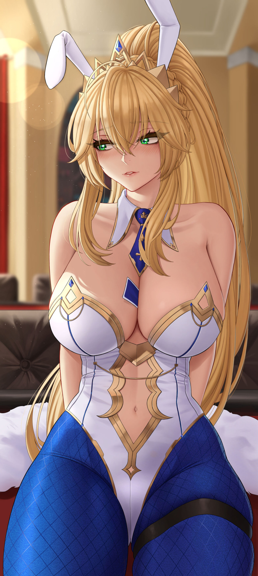 1girl ahoge animal_ears artoria_pendragon artoria_pendragon_(lancer) artoria_pendragon_(swimsuit_ruler) bangs big_breasts blonde_hair blue_legwear blue_neckwear blue_pasties blush braid breasts breasts_out bunny_ears bunnysuit collarbone detached_collar fate/grand_order fate_(series) feather_boa fishnet_legwear fishnets french_braid green_eyes hair_between_eyes high_res highleg highleg_leotard leotard long_hair looking_to_the_side navel neck_tie pantyhose parted_lips pasties ponytail sidelocks sitting thigh_strap thighs tiara torn_clothes torn_leotard white_leotard wrist_cuffs zaphn