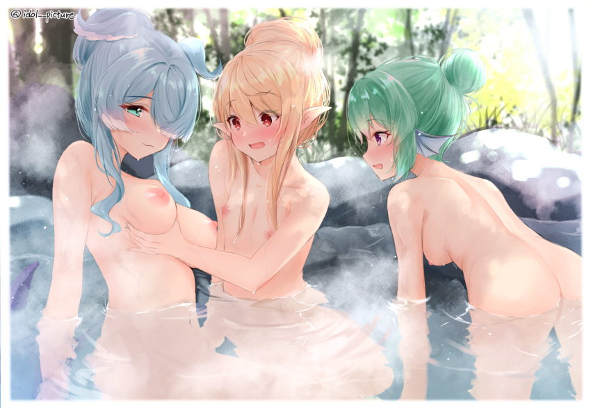 3_girls all_fours ass back big_breasts blonde_hair blue_eyes blue_hair blush border breast_envy breast_grab breasts closed_mouth colored_tips completely_nude elira_pendora ex_idol female_only finana_ryugu fins grabbing grabbing_another's_breast green_hair hair_bun hair_over_one_eyej head_fins head_wings hot_spring lazulight light_blue_hair long_hair looking_at_another looking_at_viewer median_furrow medium_breasts multicolored_hair multiple_girls nijisanji nijisanji_en nipples nude one_eye_covered onsen open_mouth partially_submerged pointy_ears pomu_rainpuff red_eyes rock sidelocks small_breasts steam twitter_username virtual_youtuber water wet white_border wings yuri