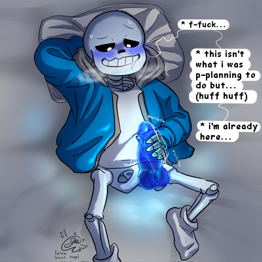 1:1 1:1_aspect_ratio 1boy animated_skeleton balls blue_blush blue_hoodie blue_jacket blue_penis blue_testicles blush clothed comic_sans ectopenis ectoplasm english_text fallen_ghost_angel_(artist) glowing glowing_genitalia glowing_penis grabbing_own_penis hi_res high_res high_resolution hires hooded_jacket hoodie jacket looking_at_own_penis looking_at_penis looking_down lying_on_back male male_masturbation male_only masturbation monster on_back penile_masturbation penis pillow precum sans sans_(undertale) skeleton socks solo solo_male speech_bubble sweat talking_to_self testicles text text_bubble undead undertale undertale_(series)