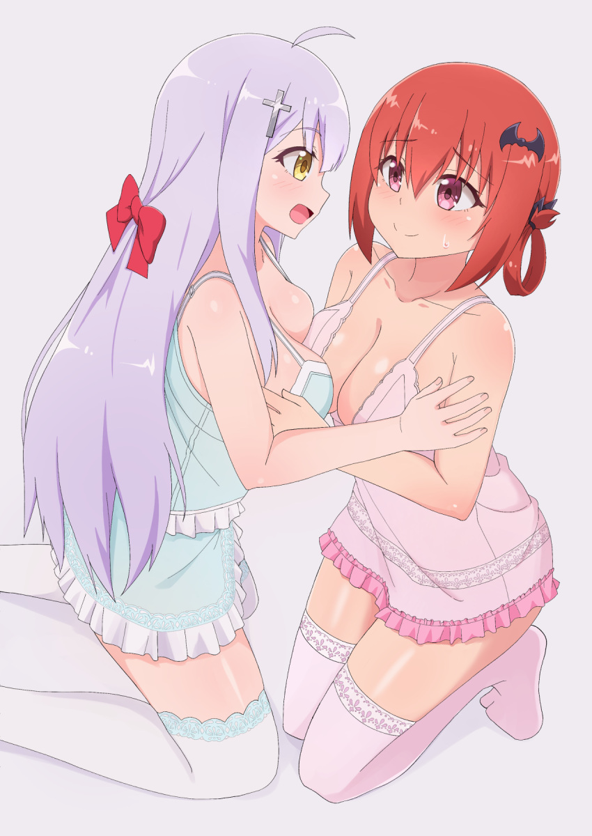 2_girls ahoge asymmetrical_docking bad_id bad_pixiv_id bare_shoulders bat_hair_ornament big_breasts blue_skirt blush breast_press breasts camisole cleavage cross_hair_ornament eye_contact gabriel_dropout grey_background hair_between_eyes hair_ornament hair_rings hands_on_another's_arms high_res kneel lingerie long_hair looking_at_another miniskirt multiple_girls nightgown nyaroon open_mouth pink_legwear raphiel_shiraha_ainsworth red_hair satanichia_kurumizawa_mcdowell silver_hair simple_background skirt smile stockings underwear very_long_hair white_legwear yellow_eyes yuri