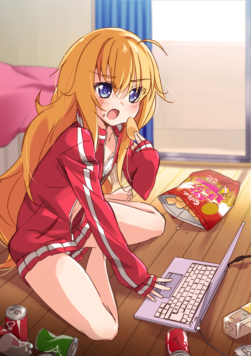 1girl 1girl absurd_res ahoge barefoot bed blonde_hair blue_eyes blush bottle bra can chips_(food) commentary_request computer eating food food_on_face gabriel_dropout gabriel_tenma_white high_res indoors jacket laptop long_hair messy_hair messy_room mousou_(mousou_temporary) no_pants on_floor open_clothes open_jacket open_mouth panties potato_chips sitting sleeves_past_wrists soda_bottle soda_can track_jacket underwear unzipped very_long_hair white_bra white_panties