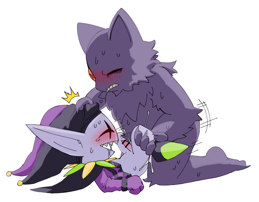 2d 2d_(artwork) anal anal_sex animate_inanimate blush bodily_fluids bottom_jevil bottomless chest_tuft closed_eyes clothed clothing cum cum_inside cum_splatter darkner deltarune deltarune_chapter_1 digital_media_(artwork) domestic_cat drooling duo ejaculation felid feline felis fool's_hat from_front_position genital_fluids hand_on_head hat headgear headwear high_res holding_leg humanoid imp jester jevil jevil_(deltarune) living_plushie lying male male/male male_only mammal missionary_position motion_lines on_back partially_clothed penetration pixiv_id_5009134 plushie pwslz saliva seam_(deltarune) sex tuft uke_jevil undertale_(series) video_game_character video_games