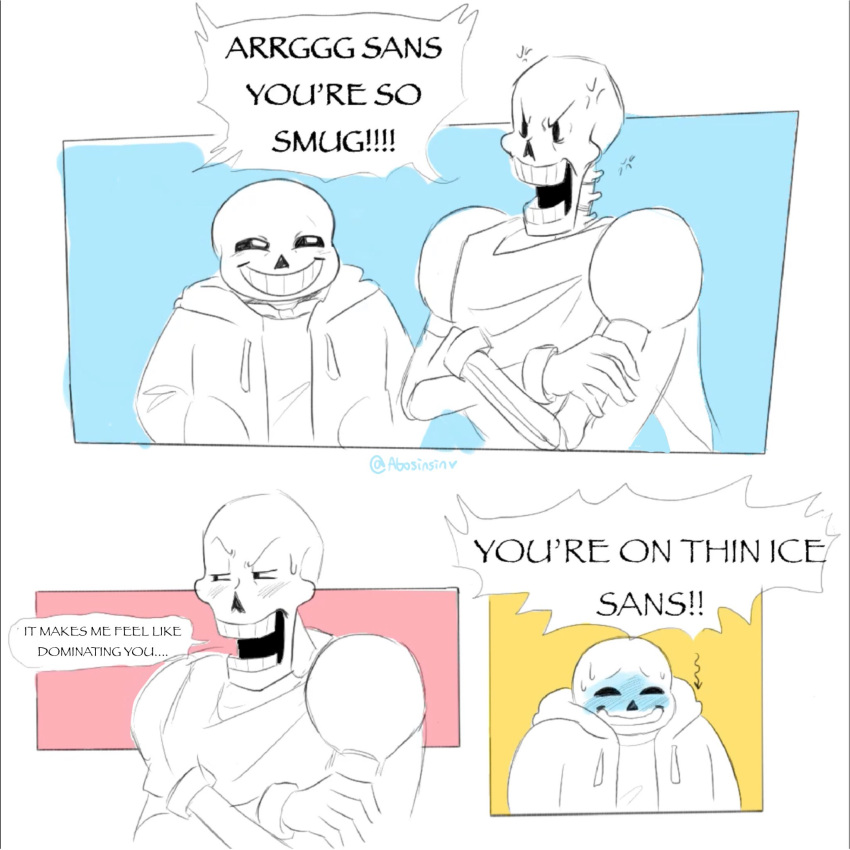 1:1 1:1_aspect_ratio 2020s 2021 abosinsin anger_vein angry animated_skeleton arms_crossed bad_id bad_twitter_id blue_blush blush comic crossed_arms fontcest grin joke male male_only monochrome monster papyrus papyrus_(font) papyrus_(undertale) papysans sans sans_(undertale) skeleton smile smug undead undertale undertale_(series)