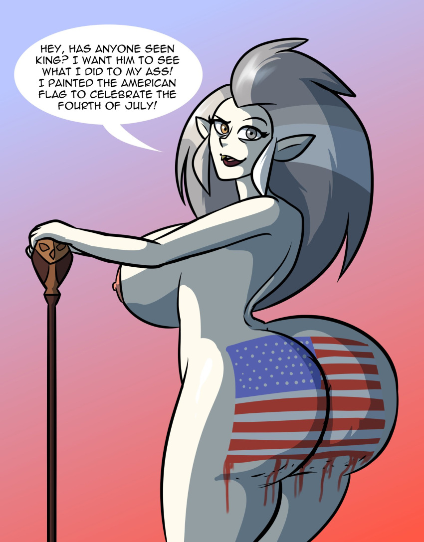 1girl 4th_of_july american_flag big_ass big_breasts bubble_butt cake disney eda_clawthorne english_text light-skinned_female light_skin looking_at_viewer max1mus pawg silver_hair speech_bubble the_owl_house voluptuous voluptuous_female