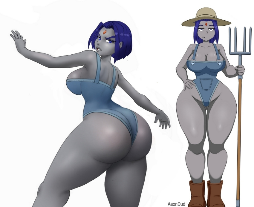 1girl aeondud alternate_version_available back_view big_ass big_breasts big_hips dat_ass dc_comics farmer farmgirl female_focus female_only kinky no_bra no_panties overalls rachel_roth raven_(dc) rear_view superheroine teen_titans white_background wide_hips