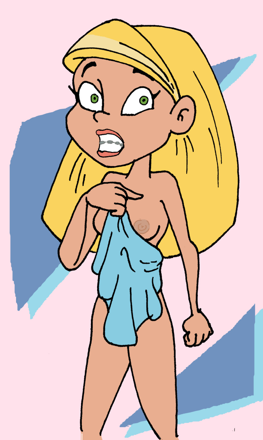 blonde_hair braceface duckymomoisme embarrassed embarrassing female_only green_eyes long_hair naked_towel nude sharon_spitz solo_female towel