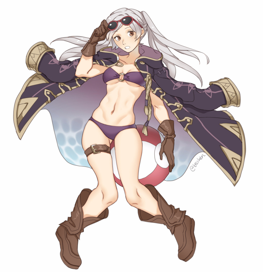 1girl 1girl absurd_res alluring bikini boots breasts eyewear_on_head fire_emblem fire_emblem_awakening fire_emblem_heroes full_body gloves high_res long_hair looking_at_viewer navel nintendo robe robin_(fire_emblem) robin_(fire_emblem)_(female) simple_background sunglasses swimsuit tecchen twin_tails under_boob white_background white_hair