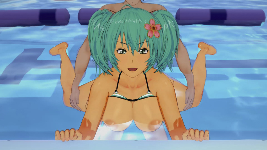 16:9 1boy1girl 1girl1boy anime big_breasts big_breasts breasts breasts breasts erect_nipples feet female_focus female_penetrated flower_in_hair green_eyes green_hair hentai ikkitousen in_water looking_at_viewer looking_pleasured nipples open_eyes open_mouth partially_submerged pool ryofu_housen sex shoulders soles teen