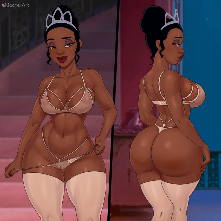 1girl brown_hair crown disney female_only lingerie princess_tiana rocner sexy the_princess_and_the_frog
