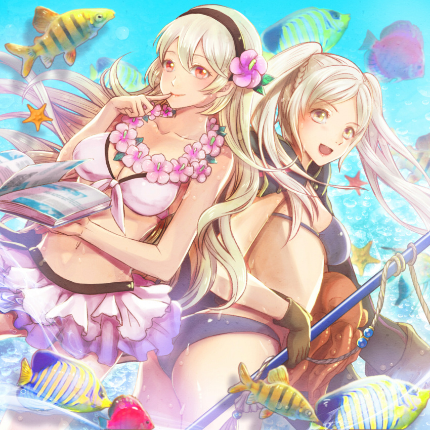 2_girls alluring ass belt bikini bikini_skirt blonde_hair book breasts cleavage corrin_(fire_emblem) corrin_(fire_emblem)_(female) corrin_(summer)_(fire_emblem)_(female) finger_to_mouth fire_emblem fire_emblem_awakening fire_emblem_fates fire_emblem_heroes fish flower flower_necklace hair_flower hair_ornament high_res jewelry lei multiple_girls navel necklace nintendo octopus official_alternate_costume pointy_ears polearm robin_(fire_emblem) robin_(fire_emblem)_(female) silver_hair smile stomach swimsuit weapon youhe_qri