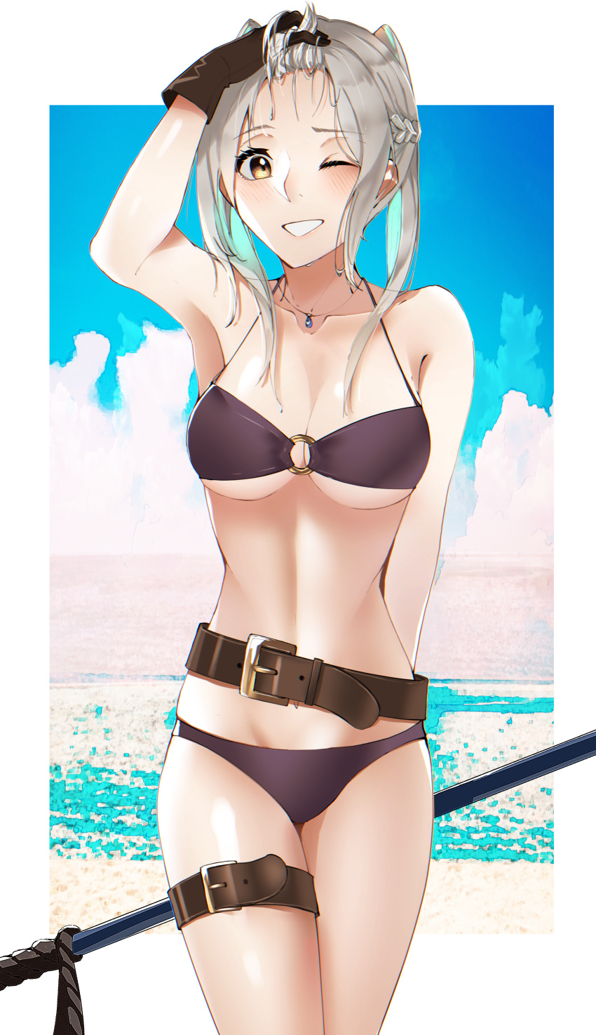 1girl 1girl ;d absurd_res alluring arm_up bad_id bad_pixiv_id belt bikini blue_sky blush breasts brown_eyes cleavage collarbone cowboy_shot day fire_emblem fire_emblem_awakening fire_emblem_heroes grin hand_in_own_hair high_res jewelry long_hair looking_at_viewer medium_breasts necklace nintendo ocean one_eye_closed open_mouth polearm purple_bikini robin_(fire_emblem) robin_(fire_emblem)_(female) silver_hair sky smile spear swimsuit thigh_strap tpicm under_boob weapon