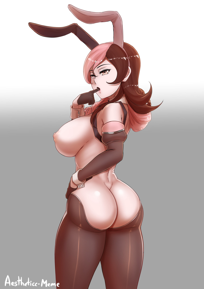 1girl aestheticc-meme animal_ears areola artist_name ass back big_breasts breasts brown_eyes brown_hair bunny_ears bunnysuit fake_animal_ears finger_in_mouth from_behind gloves hand_on_hip heterochromia high_resolution inverted_bunnysuit inverted_costume long_hair looking_at_viewer multicolored_hair neo_politan neopolitan nipples pink_eyes pink_hair reverse_bunnysuit rwby sideboob very_high_resolution wrist_cuffs