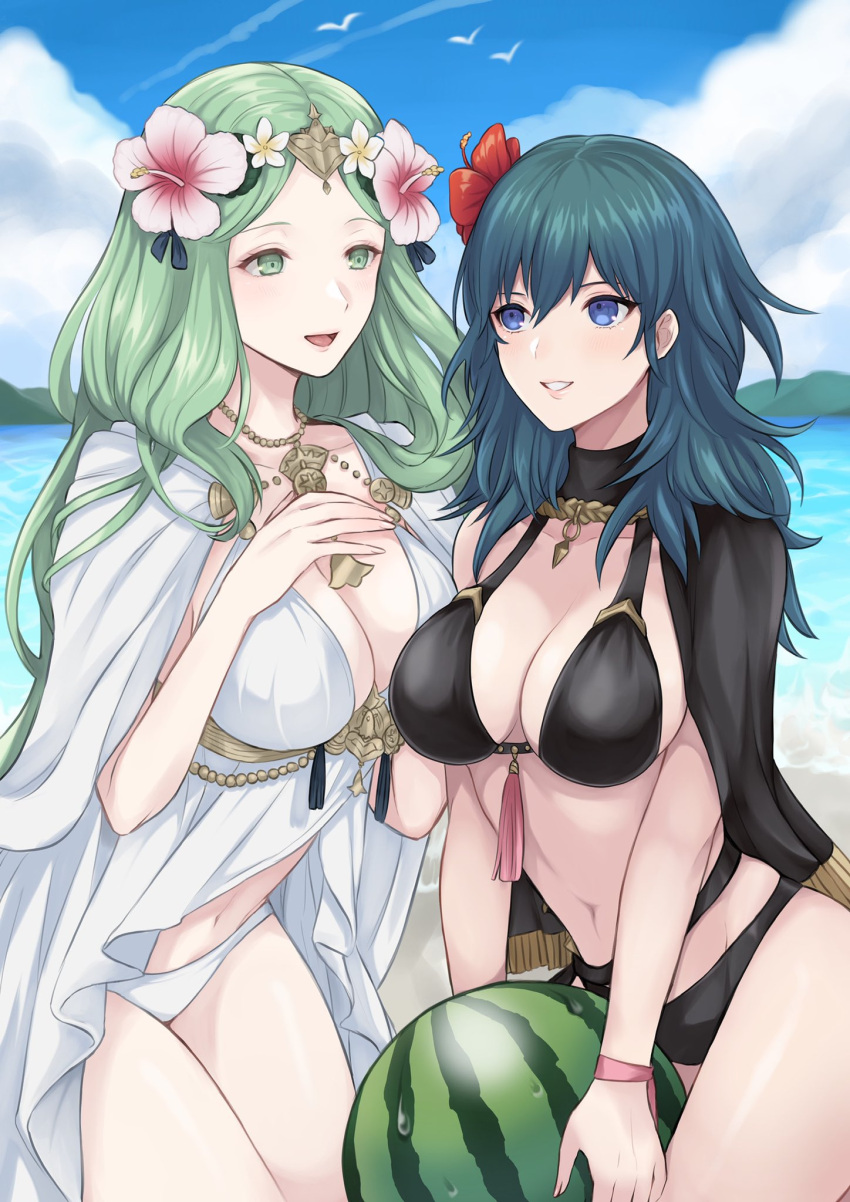 2_girls absurd_res akn_646 alluring alternate_costume ass beach big_breasts bikini black_bikini black_swimsuit blue_eyes breasts byleth_(female) byleth_(fire_emblem) cape choker cleavage cloud clouds cloudy day female_only fire_emblem fire_emblem:_three_houses fire_emblem_heroes flower flowers food fruit gold_necklace green_eyes green_hair hair_flower hair_ornament hair_ornaments hibiscus high_res holding holding_fruit long_hair looking_at_another matching_hair/eyes midriff multiple_girls navel necklace nintendo ocean official_alternate_costume open_clothes open_mouth outside pink_flower pink_lips red_flower rhea_(fire_emblem) rhea_(summer)_(fire_emblem) river shimizu_akina sky smile smiling_at_another swimsuit teal_hair water watermelon white_bikini white_swimsuit