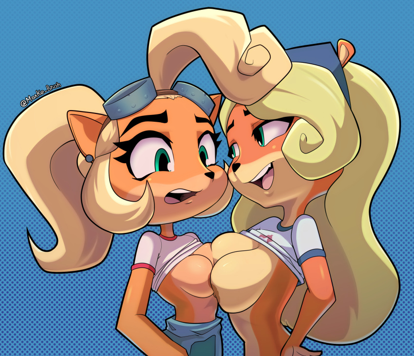 2girls activision alternate_universe anthro anthro/anthro areola artist_name bandicoot big_breasts blonde_hair breast_size_difference breasts breasts_to_breasts clothed clothing coco_bandicoot countershade_face countershade_torso countershading crash_(series) crash_bandicoot_(series) duo ear_piercing earrings eyewear eyewear_on_head female_only furry goggles goggles_on_head green_eyes hair long_hair looking_at_another mammal marsupial medium_breasts monke_brush multicolored_body multicolored_face multicolored_skin multiple_girls nipples orange_body orange_skin piercing ponytail sexy sexy_body sexy_breasts shirt shirt_lift shirt_up smile tan_body tan_countershading tan_skin teeth tied_hair two_tone_body two_tone_face two_tone_skin upper_body upper_teeth white_clothing
