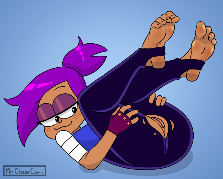 1girl barefoot blush cartoon_network enid enid_mettle feet female_only fingerless_gloves foot_fetish mr._chase_comix ok_k.o.!_let's_be_heroes pants pussy smile soles solo_female toes violet_hair