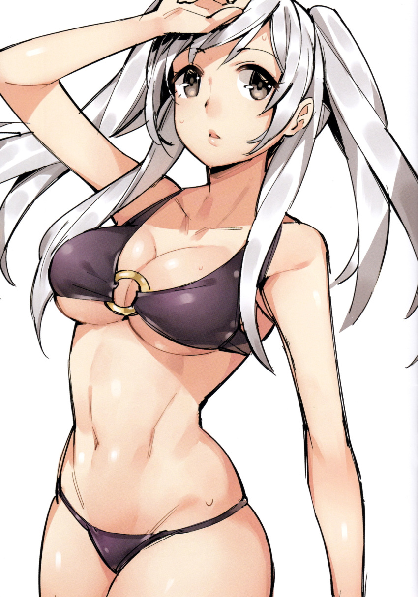 1girl alluring arm_up big_breasts bikini breasts brown_eyes cleavage collarbone cowboy_shot fire_emblem fire_emblem_awakening fire_emblem_heroes ge-b grey_eyes hair_over_shoulder high_res long_hair looking_at_viewer navel nintendo o-ring o-ring_bikini o-ring_top purple_bikini robin_(fire_emblem) robin_(fire_emblem)_(female) scan sidelocks silver_hair simple_background sweat swimsuit twin_tails white_background